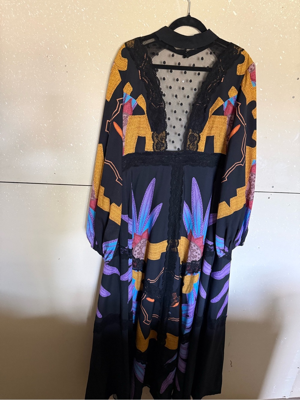 SHEIN Black Maxi Dress with Mustard and Purple Print